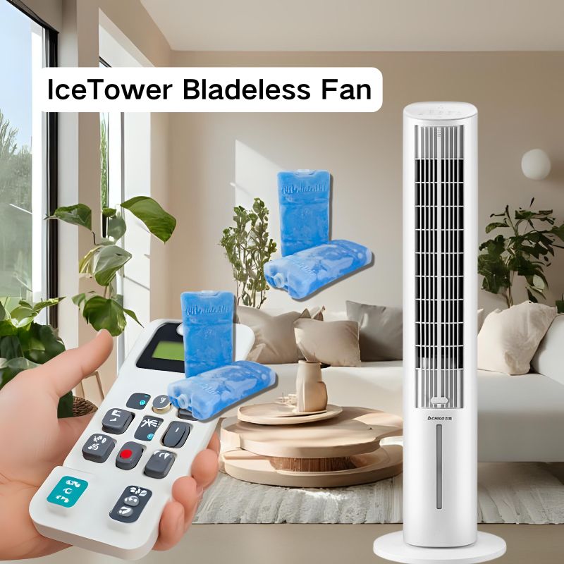 IceTower Bladeless Fan - Portable Electric Air Cooling Device for Home Office, Quiet Operation, Energy Efficient, 3 Speeds Adjustable, USB Rechargeable