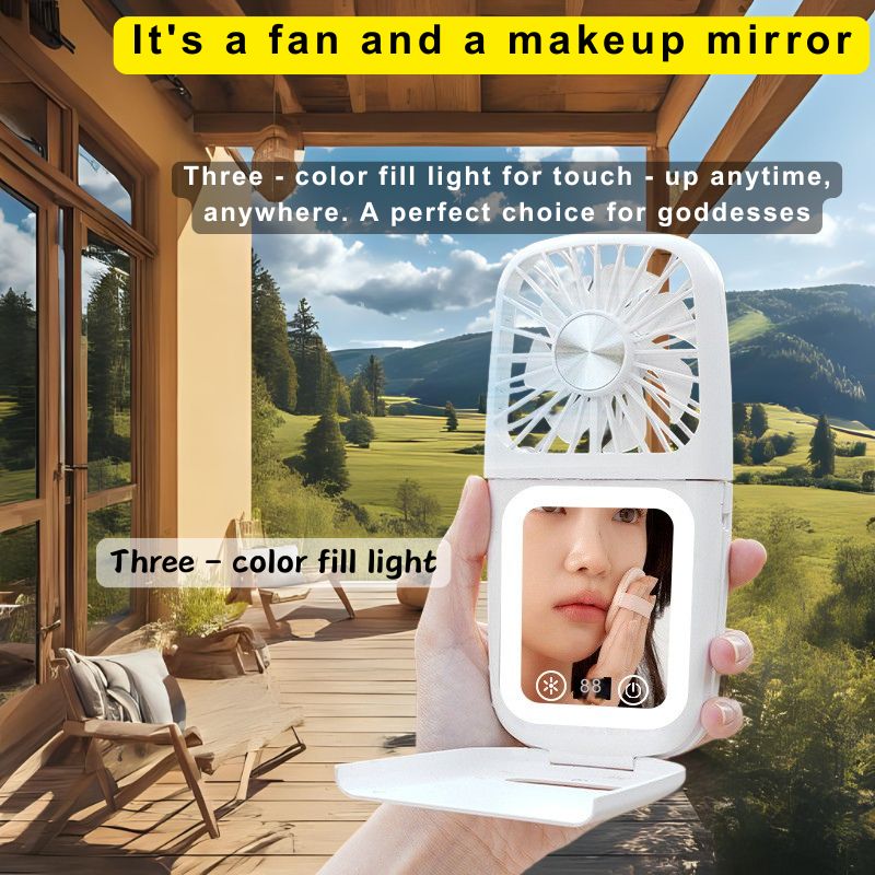 Multi - Functional Portable Fan with 3 - Speed Adjustment: Handheld, Desktop, Neck - Hanging & Makeup Mirror
