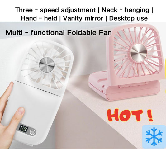 Multi - Functional Portable Fan with 3 - Speed Adjustment: Handheld, Desktop, Neck - Hanging & Makeup Mirror