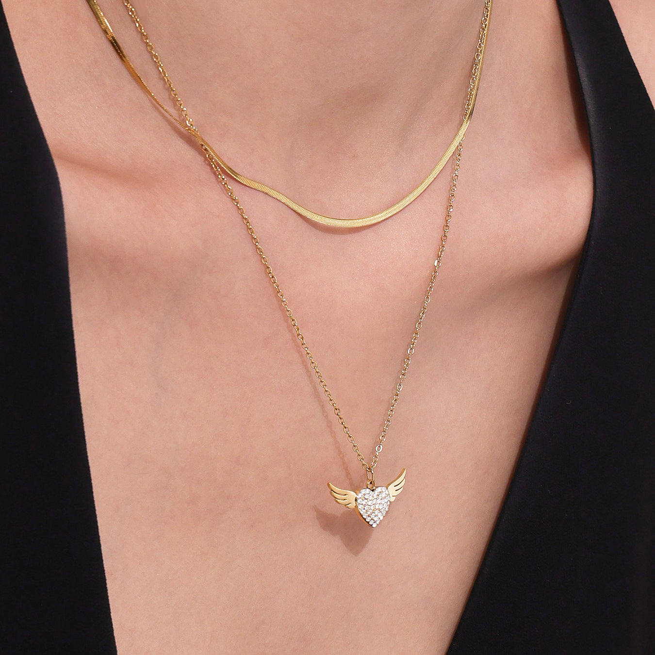 Gold Plated Winged Heart Choker | CZ Layered Necklace | 2025 Fashion Jewelry | 18K Gold Plated Stainless Steel CZ Heart Collarbone Necklace