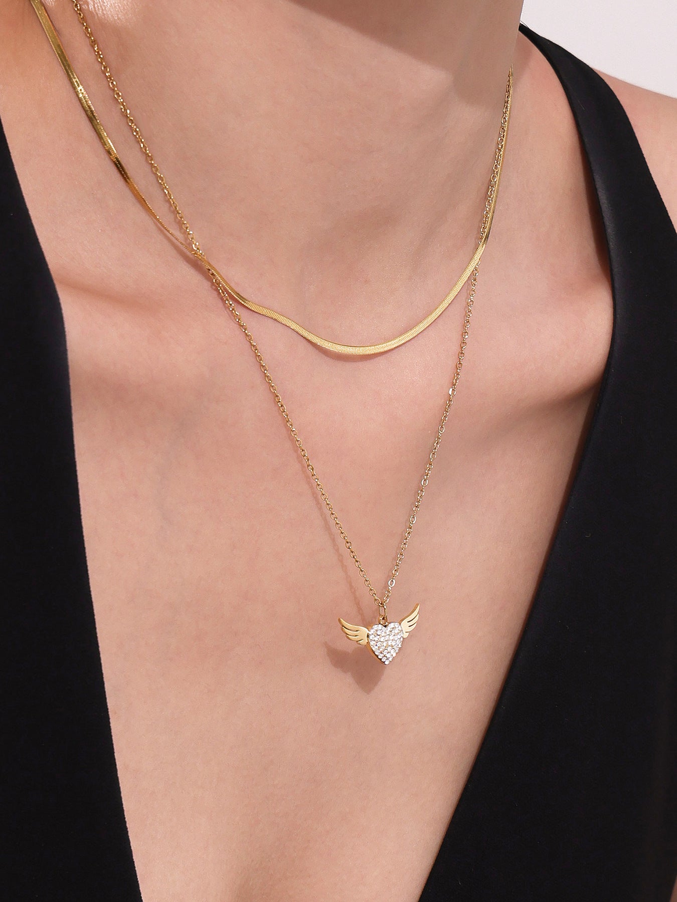 Gold Plated Winged Heart Choker | CZ Layered Necklace | 2025 Fashion Jewelry | 18K Gold Plated Stainless Steel CZ Heart Collarbone Necklace