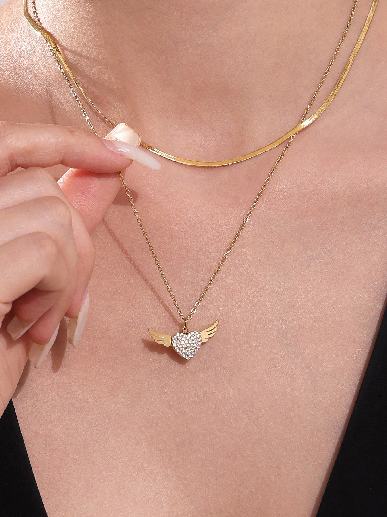 Gold Plated Winged Heart Choker | CZ Layered Necklace | 2025 Fashion Jewelry | 18K Gold Plated Stainless Steel CZ Heart Collarbone Necklace