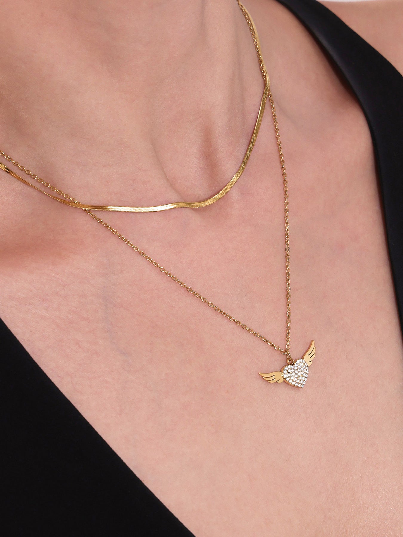 Gold Plated Winged Heart Choker | CZ Layered Necklace | 2025 Fashion Jewelry | 18K Gold Plated Stainless Steel CZ Heart Collarbone Necklace