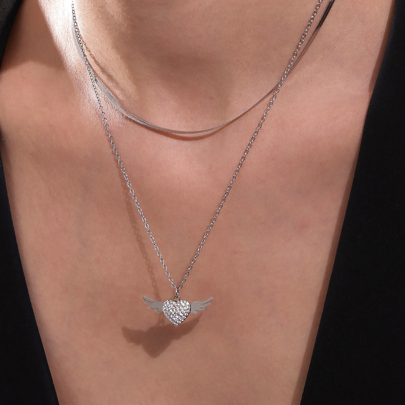Gold Plated Winged Heart Choker | CZ Layered Necklace | 2025 Fashion Jewelry | 18K Gold Plated Stainless Steel CZ Heart Collarbone Necklace