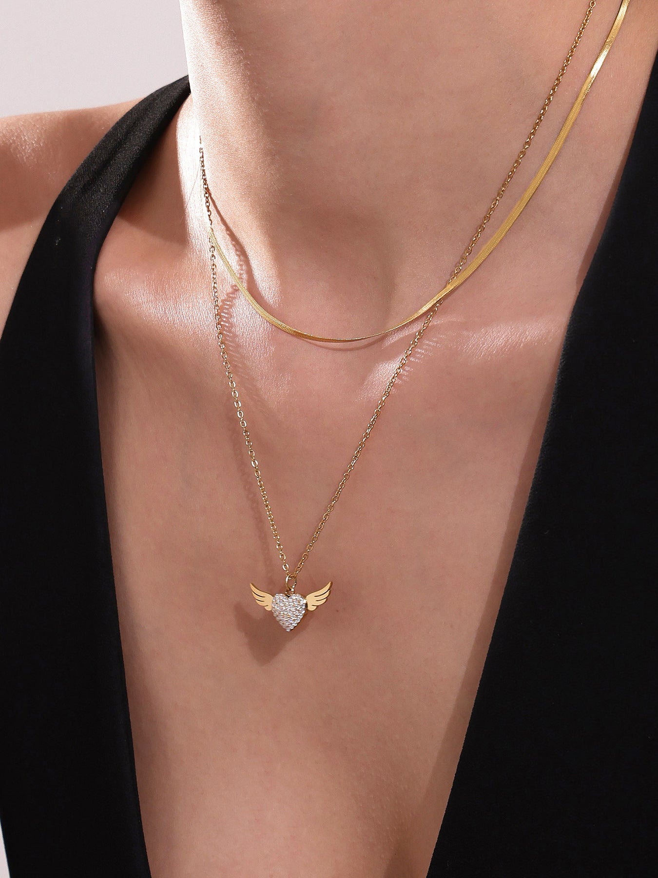 Gold Plated Winged Heart Choker | CZ Layered Necklace | 2025 Fashion Jewelry | 18K Gold Plated Stainless Steel CZ Heart Collarbone Necklace